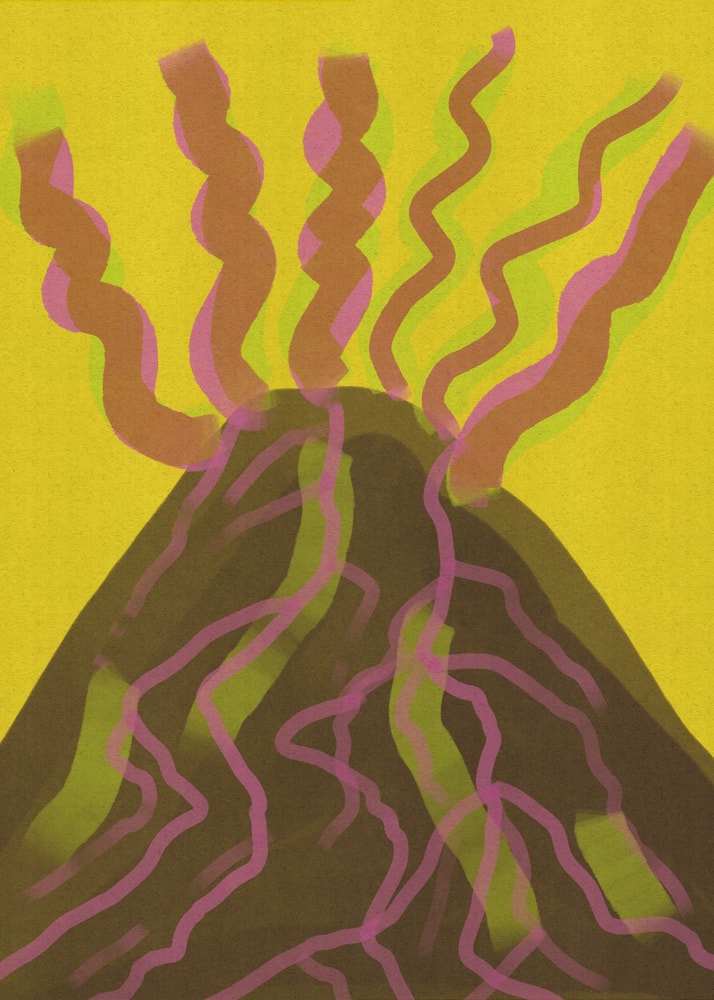 Illustration eines dunklen Vulkans mit geschwungenen Lavaströmen vor gelbem Himmel