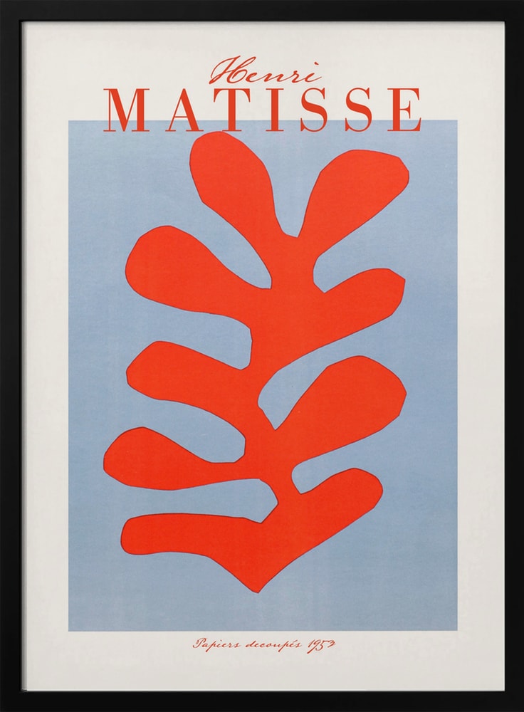 Ausstellungsplakat Henri Matisse mit korallenrotem Scherenschnitt-Blatt auf hellblauem Grund, roter Schriftzug