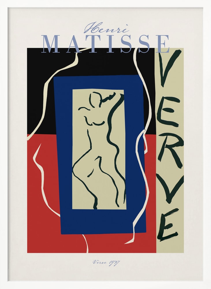 Ausstellungsplakat Henri Matisse mit tanzender Figur in blauem Rahmen und Schriftzug Verve