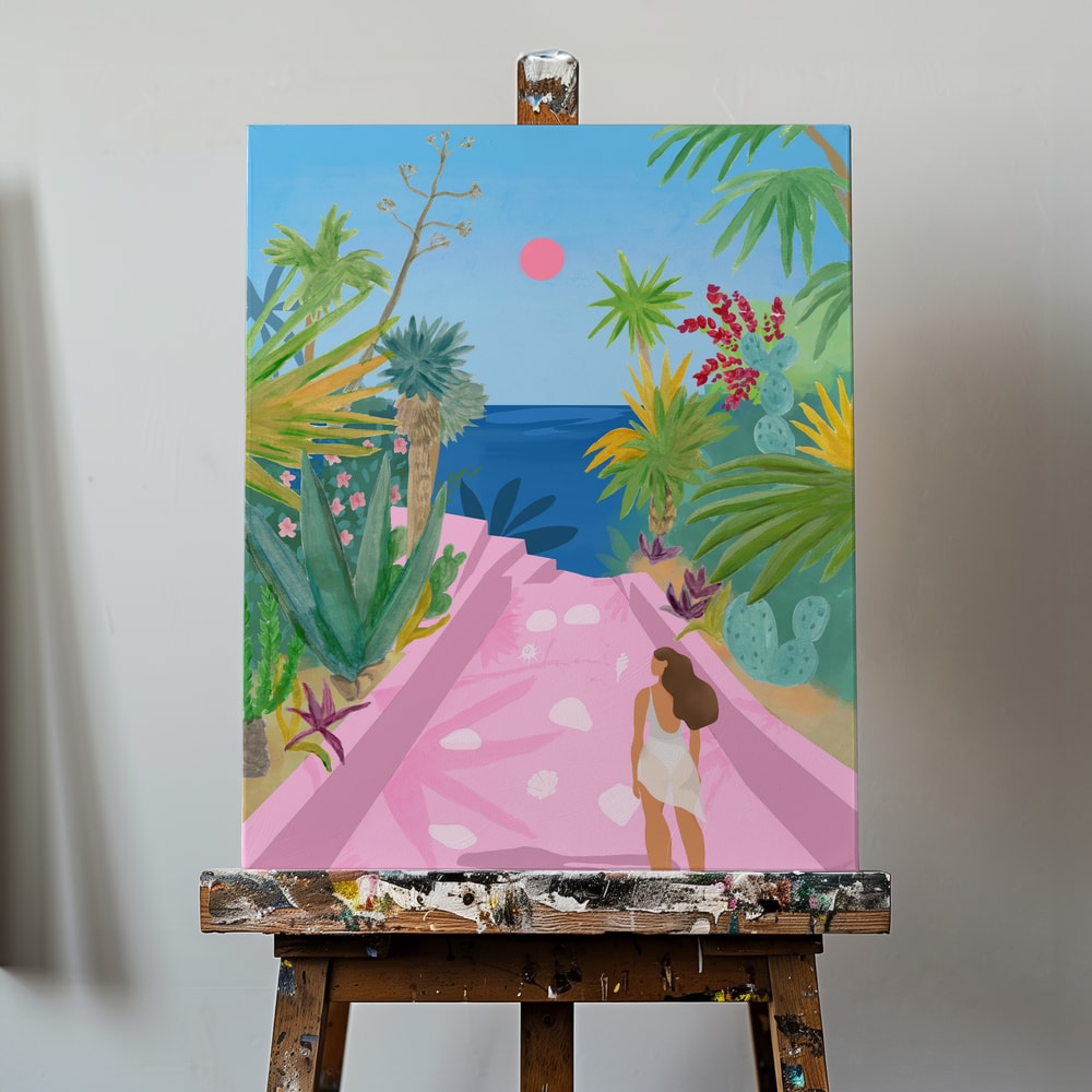 Illustration eines rosa Wegs zwischen tropischen Pflanzen zum blauen Meer mit Frau im weißen Kleid