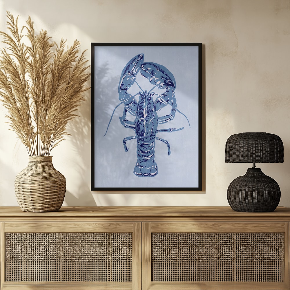 Illustration eines Hummers in Indigoblau auf hellblauem Hintergrund