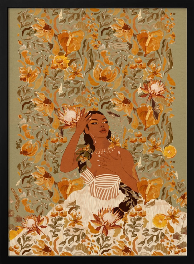 Illustration einer Frau mit geflochtenem Haar zwischen orangen Blüten auf grünem Hintergrund
