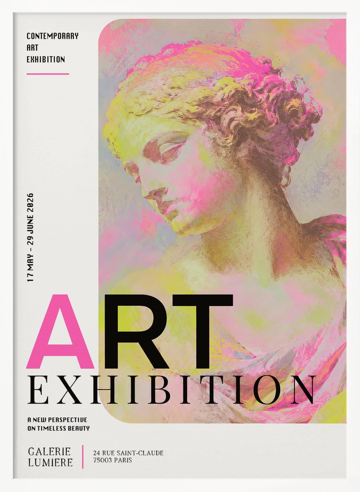 Ausstellungsplakat mit antiker Büste in Pink und Gelb und Schriftzug Art Exhibition