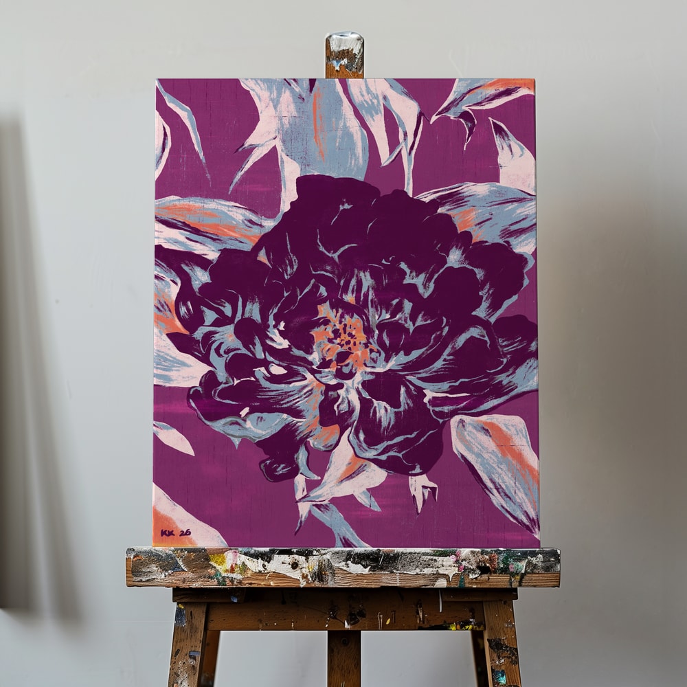 Illustration einer großen dunkelvioletten Blüte mit hellblauen Blättern auf magentafarbenem Hintergrund