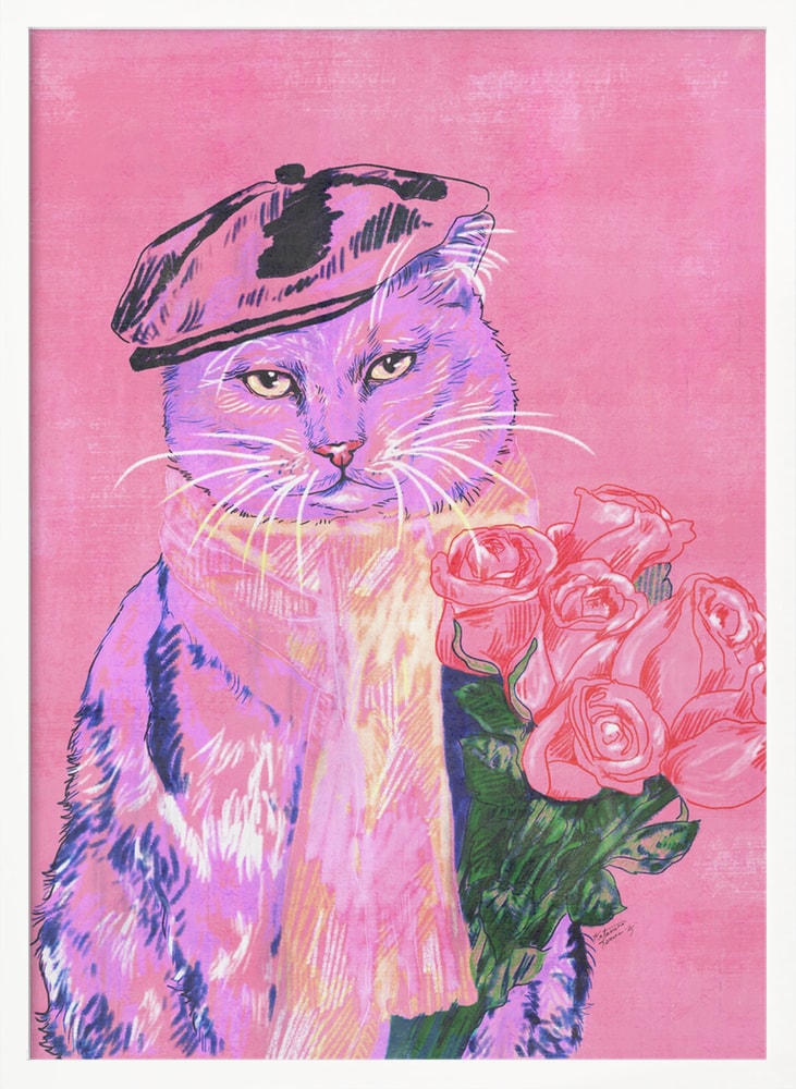 Katze mit Baskenmütze und Rosen