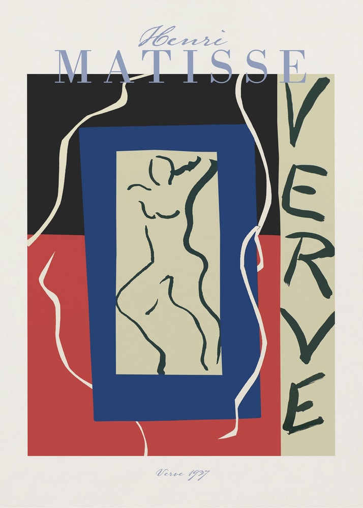 Ausstellungsplakat Henri Matisse mit tanzender Figur in blauem Rahmen und Schriftzug Verve