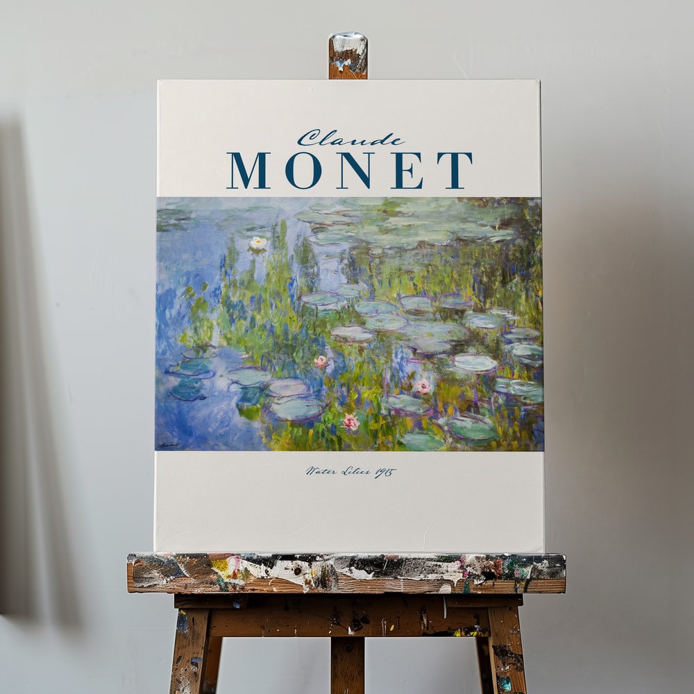Ausstellungsplakat Claude Monet mit Seerosen auf blau-violettem Wasser, blauer Schriftzug