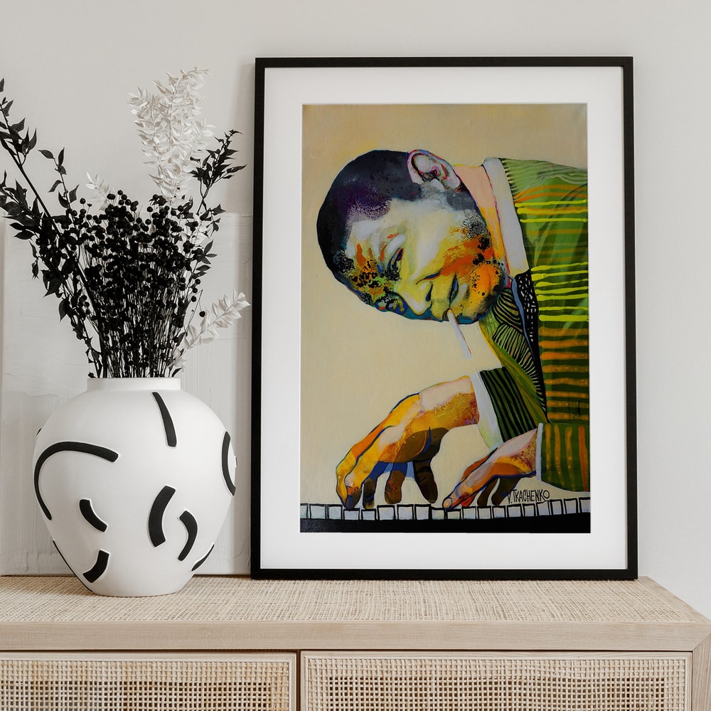 Expressives, farbiges Gemälde eines Jazzpianisten über den Klaviertasten