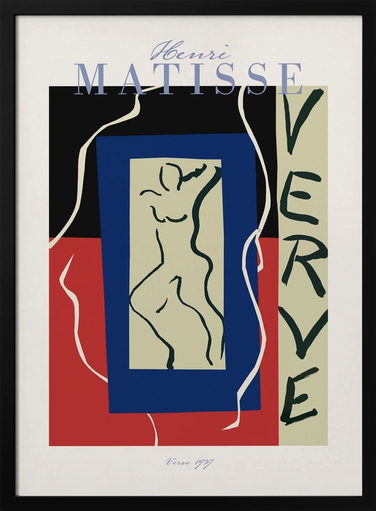 Ausstellungsplakat Henri Matisse mit tanzender Figur in blauem Rahmen und Schriftzug Verve