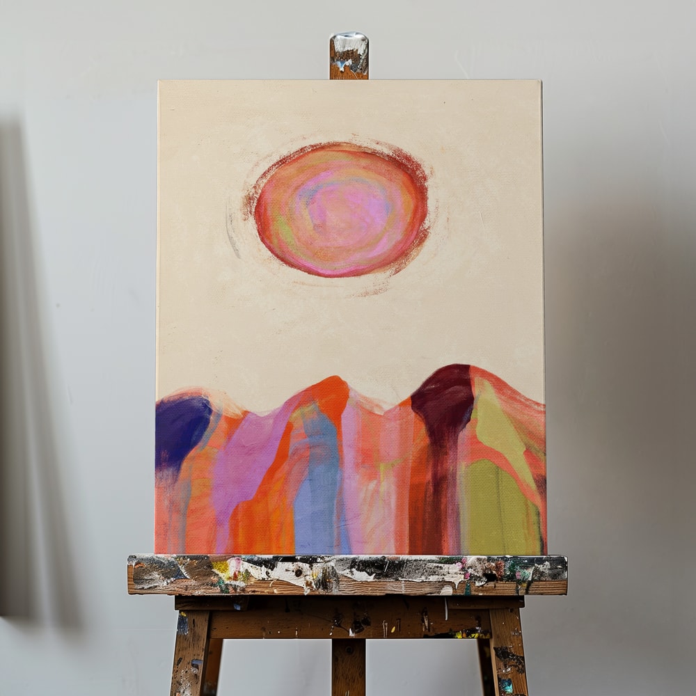 Gemalte Berge in Regenbogenfarben unter einer rosa-orangen Sonne
