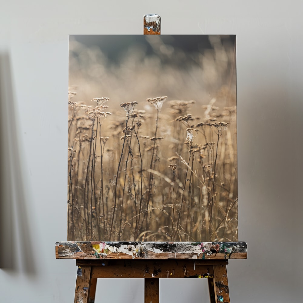 Fotografie eines Feldes mit trockenen Gräsern und Blüten in Beige- und Goldtönen