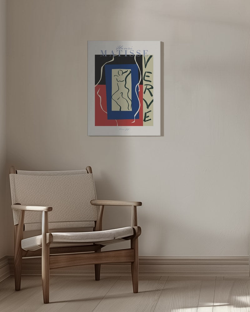 Ausstellungsplakat Henri Matisse mit tanzender Figur in blauem Rahmen und Schriftzug Verve