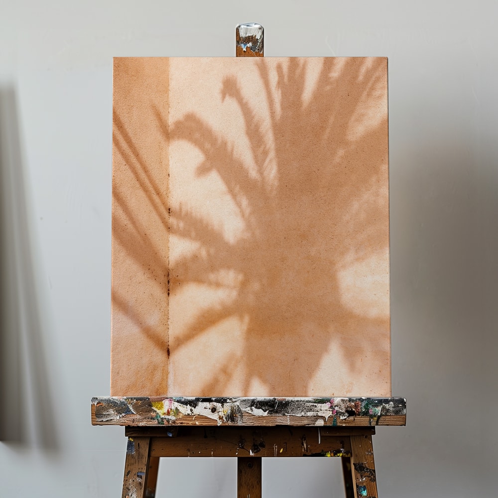 Fotografie eines Palmenschattens auf einer sandfarbenen Wand