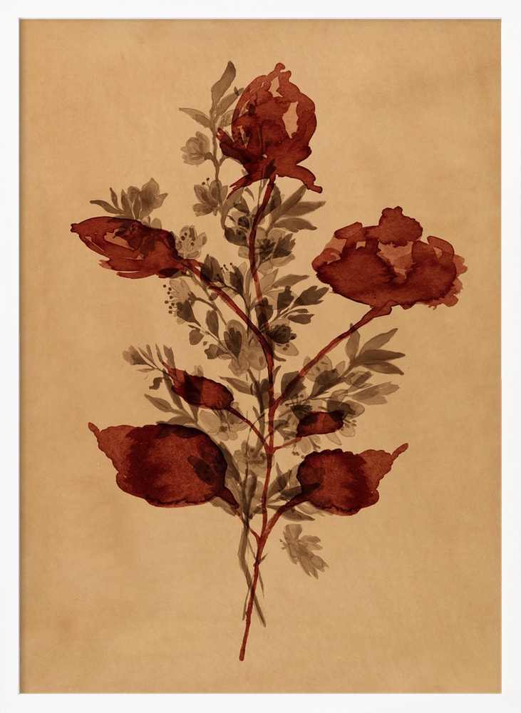 Gemalter Blumenzweig mit rostroten Blüten auf ockerfarbenem Papier