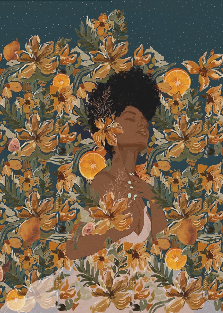 Illustration einer Frau mit geschlossenen Augen zwischen orangen Blüten und Orangen unter einem Sternenhimmel