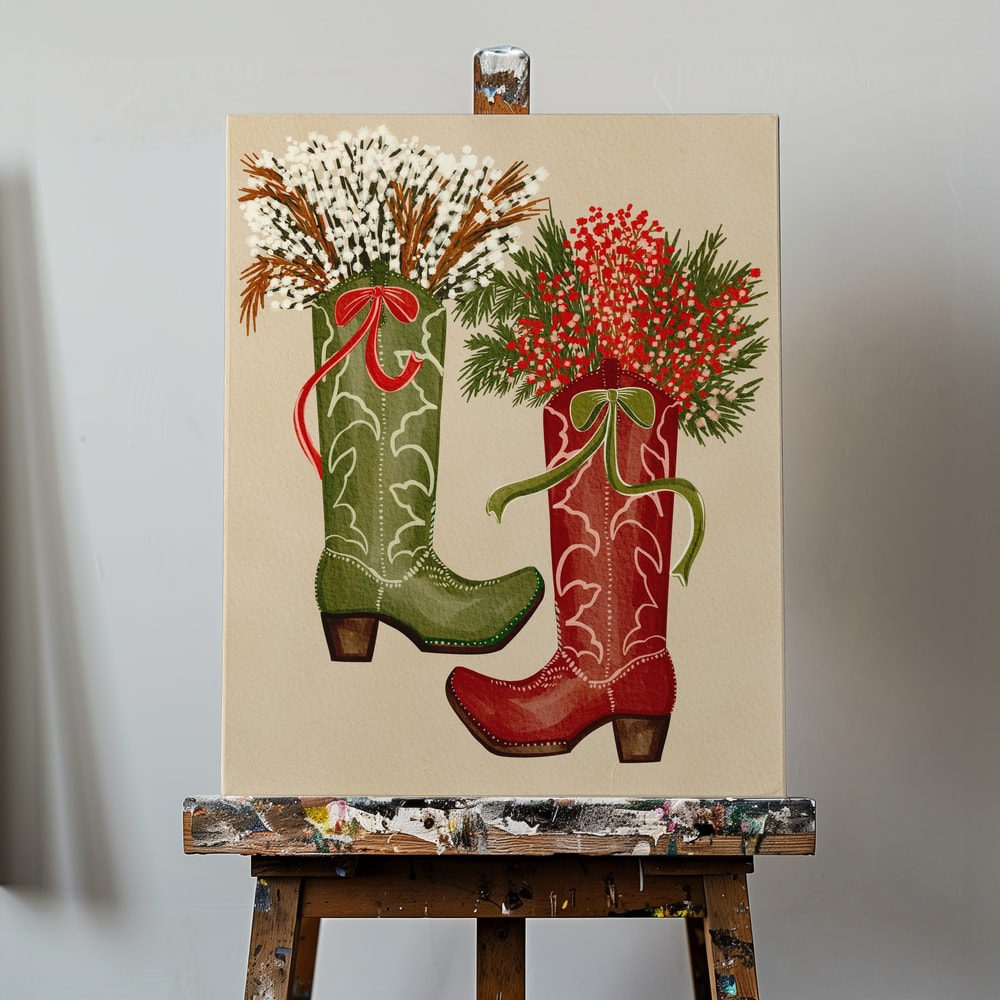 Illustration eines grünen und eines roten Cowboystiefels mit Beeren, Zweigen und Schleifen