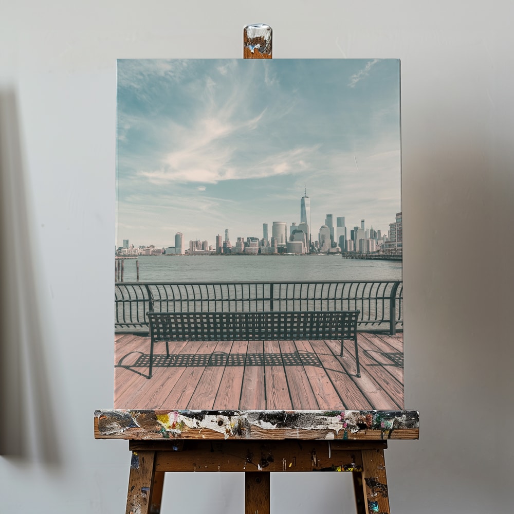 Fotografie einer Bank auf einem Holzpier mit der Skyline von Manhattan im Hintergrund