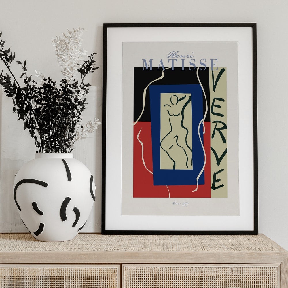 Ausstellungsplakat Henri Matisse mit tanzender Figur in blauem Rahmen und Schriftzug Verve