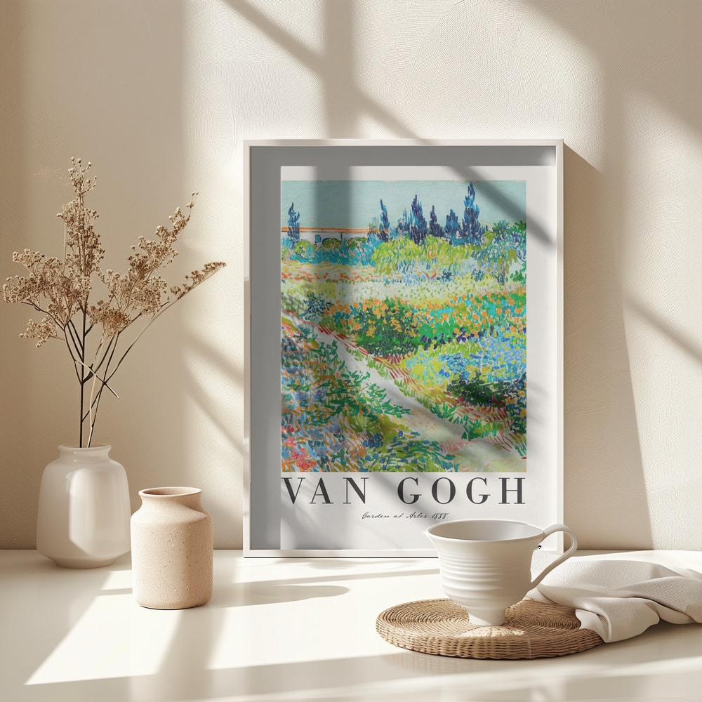 Ausstellungsplakat Vincent van Gogh mit dem Gemälde Garten in Arles, Schriftzug unten