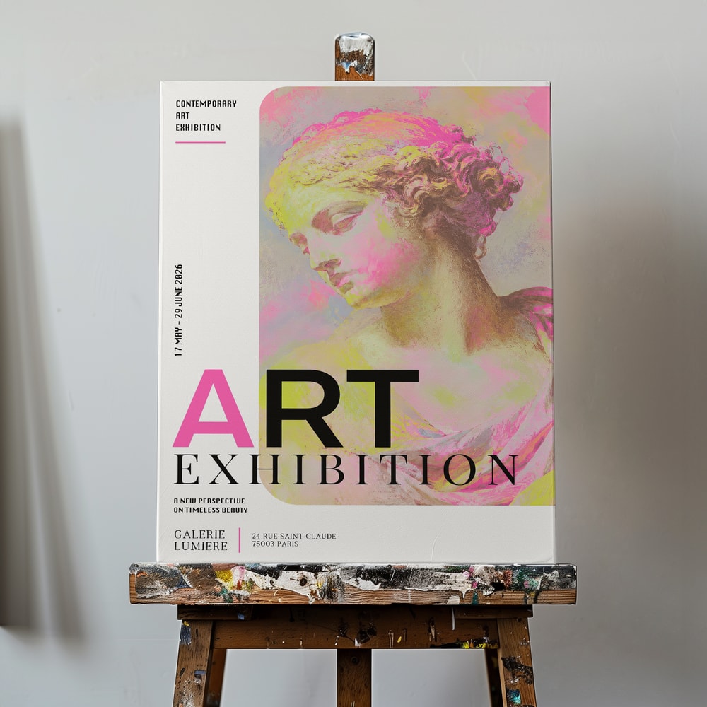 Ausstellungsplakat mit antiker Büste in Pink und Gelb und Schriftzug Art Exhibition