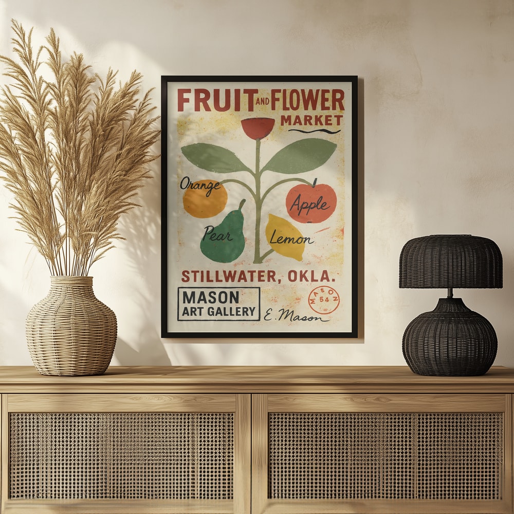Vintage-Marktplakat mit Früchten an einer Pflanze und Schriftzug Fruit and Flower Market