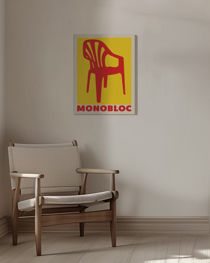 Grafische Illustration eines roten Monobloc-Stuhls vor gelbem Hintergrund mit Schriftzug Monobloc