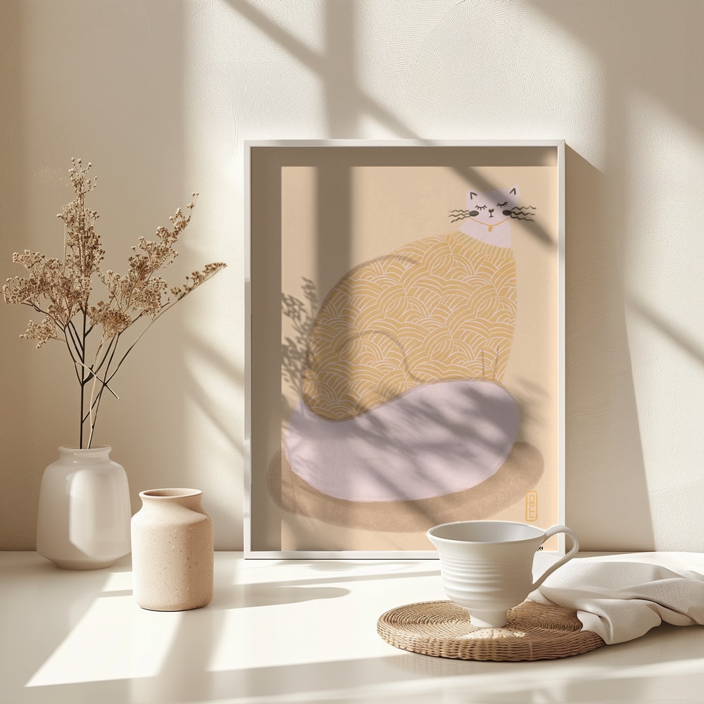 Illustration einer runden Katze im gelb gemusterten Pullover auf rosa Kissen