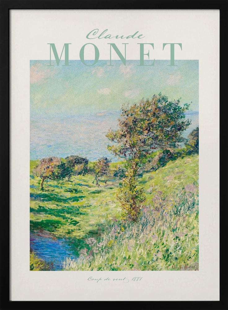 Ausstellungsplakat Claude Monet mit dem Gemälde Windstoß, mintfarbener Schriftzug