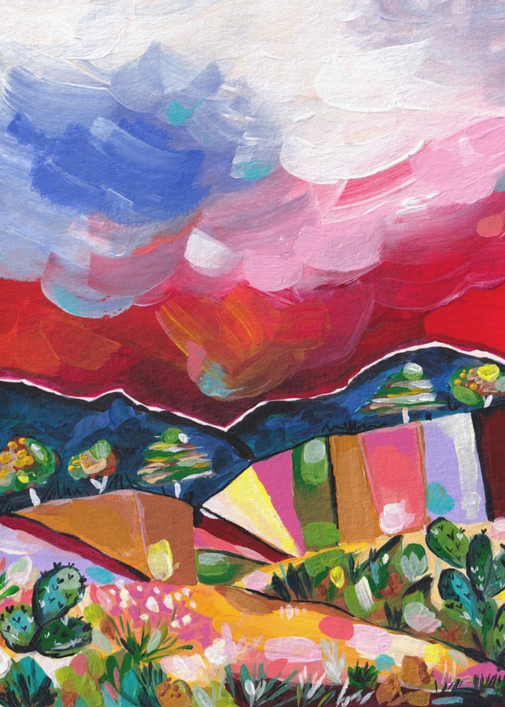 Expressives Gemälde einer bunten Wüstenlandschaft mit Kakteen und wolkigem Himmel