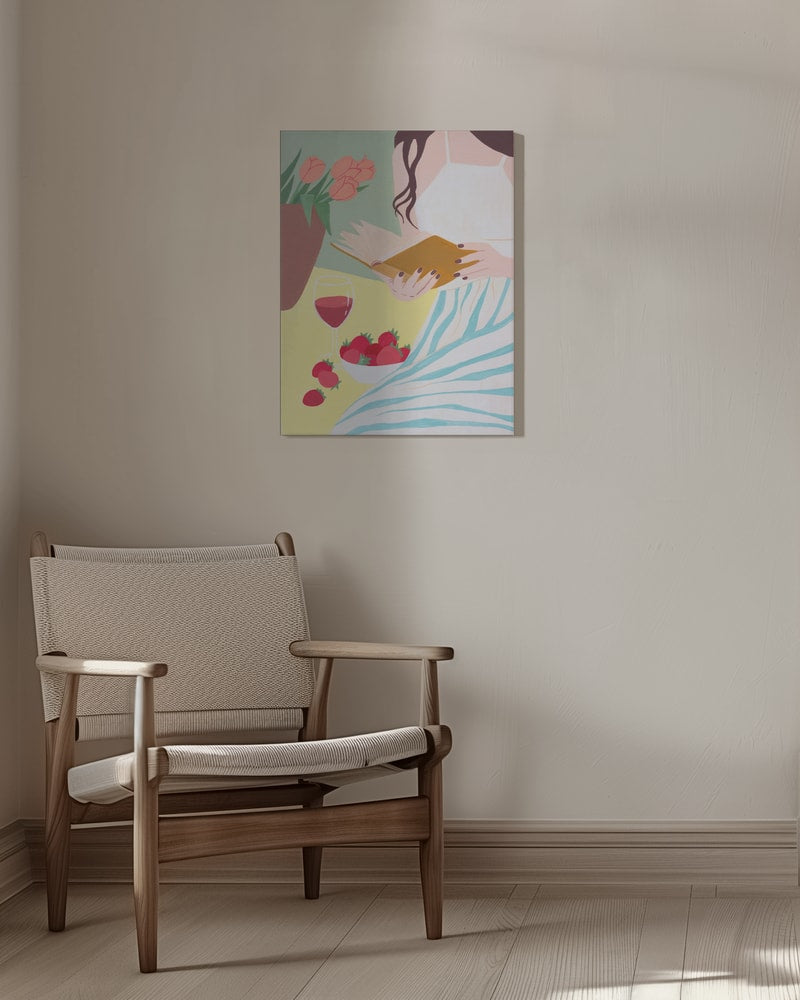 Illustration einer lesenden Frau mit Rotwein, Erdbeeren und Tulpen in Pastellfarben