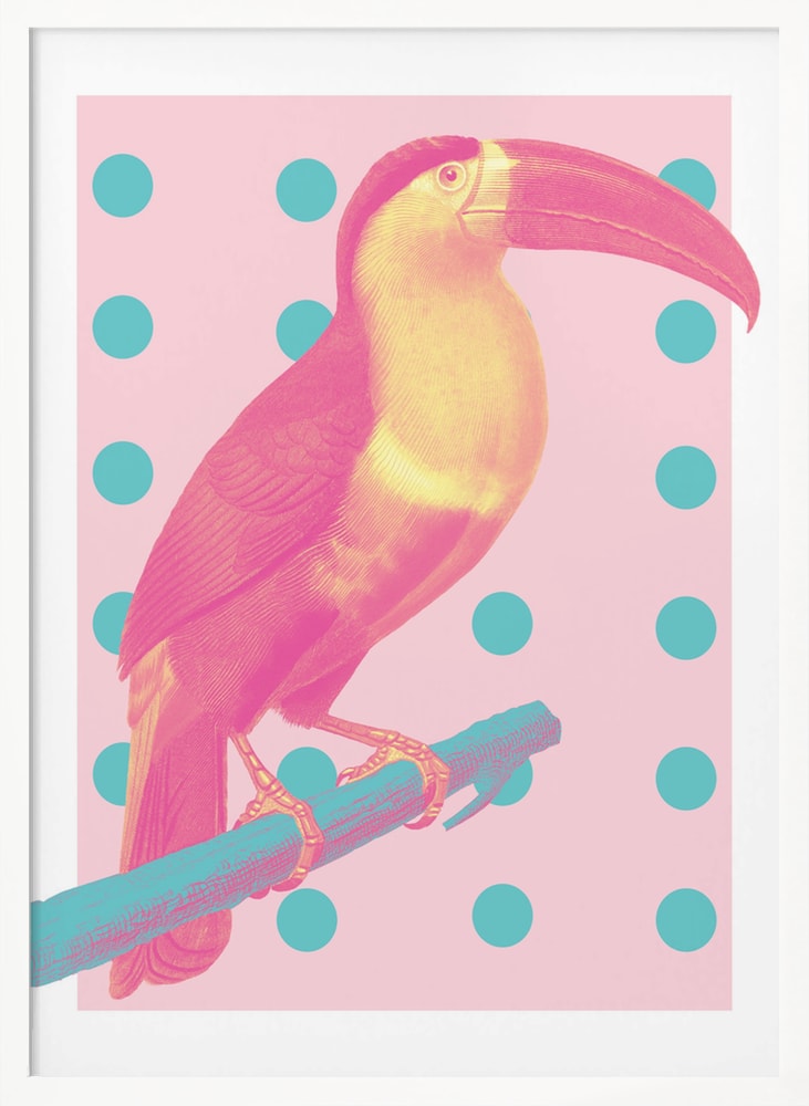 Illustration eines pink-gelben Tukans auf türkisem Ast vor rosa Hintergrund mit Punkten