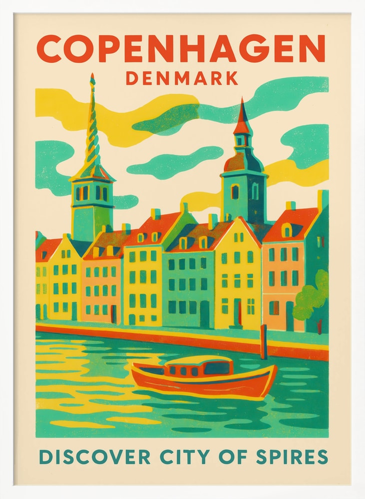 Reiseplakat Kopenhagen mit bunten Häusern, Kirchtürmen und Boot auf dem Kanal