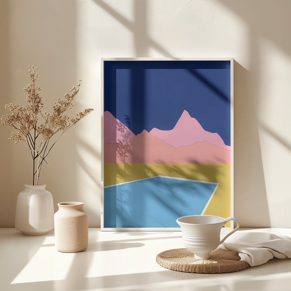 Grafische Illustration eines blauen Pools vor rosa Bergen und dunkelblauem Himmel