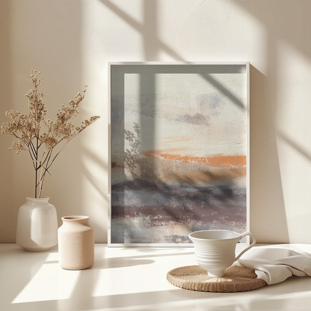 Abstrakte Malerei mit horizontalen Pinselstrichen in Creme, Taupe, Orange und Pflaume