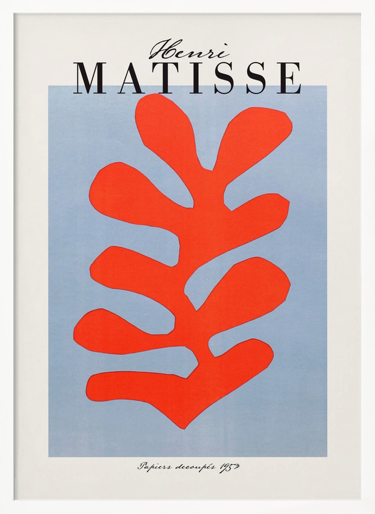 Ausstellungsplakat Henri Matisse mit korallenrotem Scherenschnitt-Blatt auf hellblauem Grund, schwarzer Schriftzug