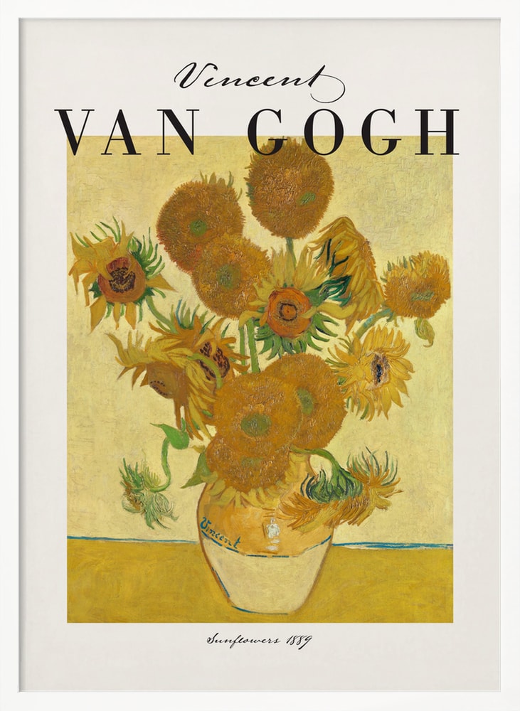 Ausstellungsplakat Vincent van Gogh mit dem Gemälde Sonnenblumen, schwarzer Schriftzug oben