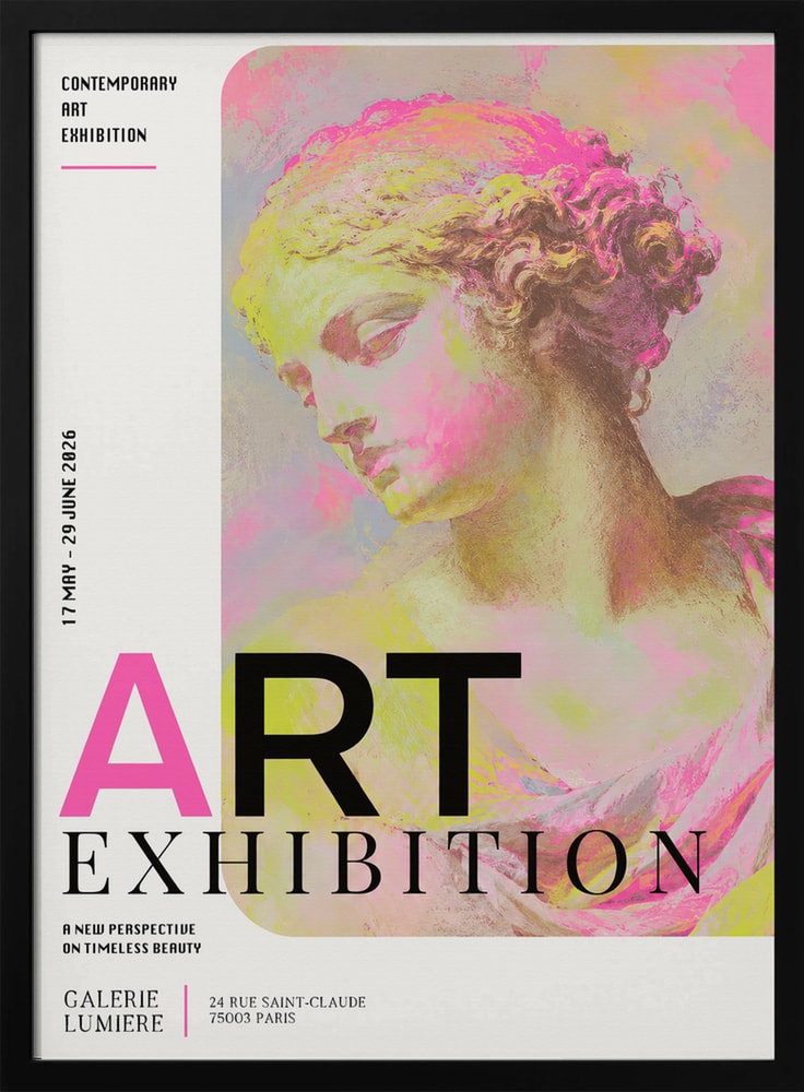Ausstellungsplakat mit antiker Büste in Pink und Gelb und Schriftzug Art Exhibition