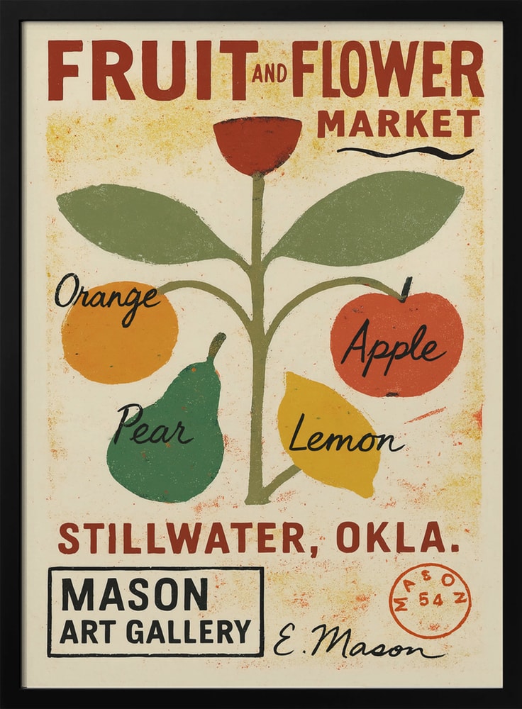 Vintage-Marktplakat mit Früchten an einer Pflanze und Schriftzug Fruit and Flower Market