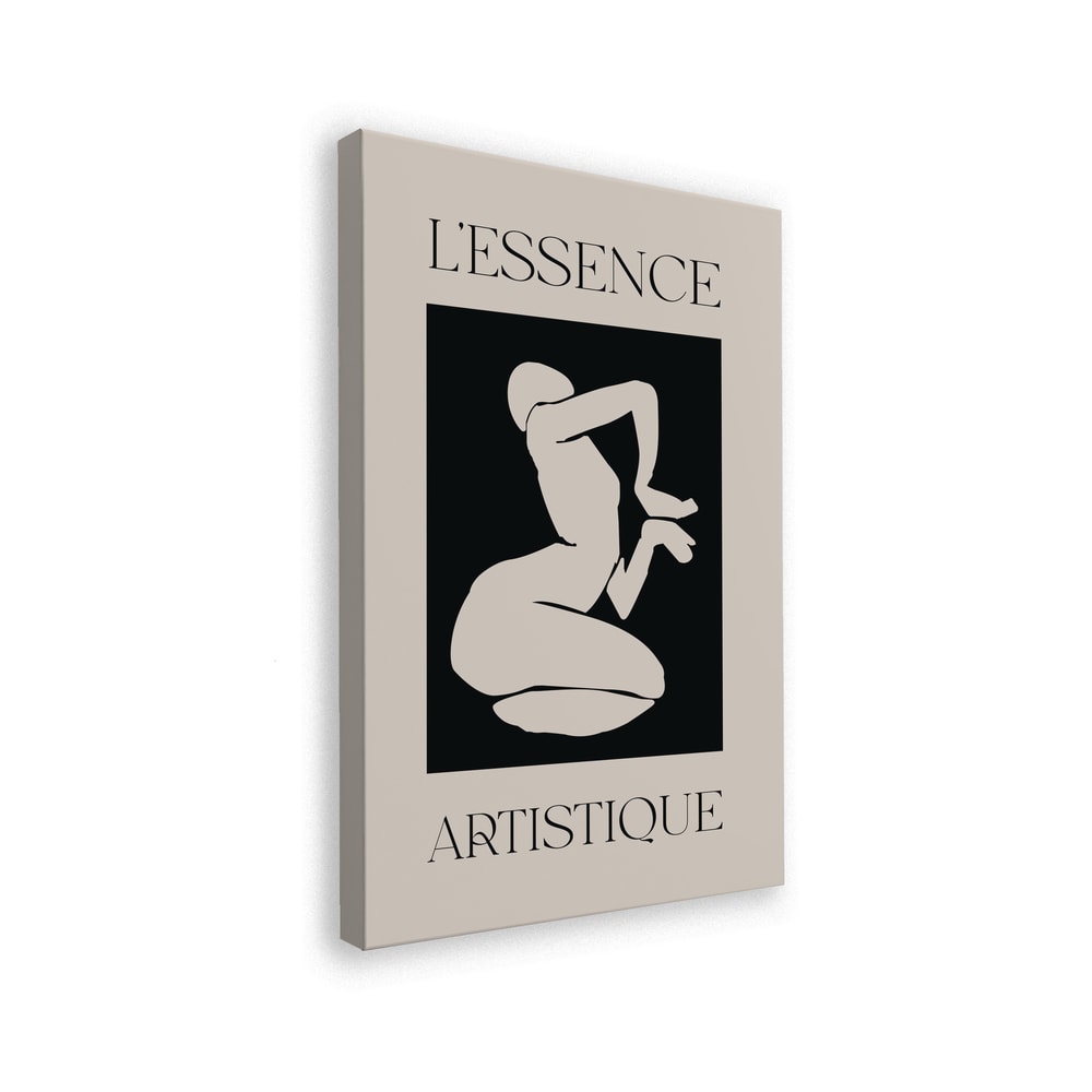 Helle kniende Figur im Scherenschnitt-Stil auf schwarzem Feld mit Schriftzug L'Essence Artistique