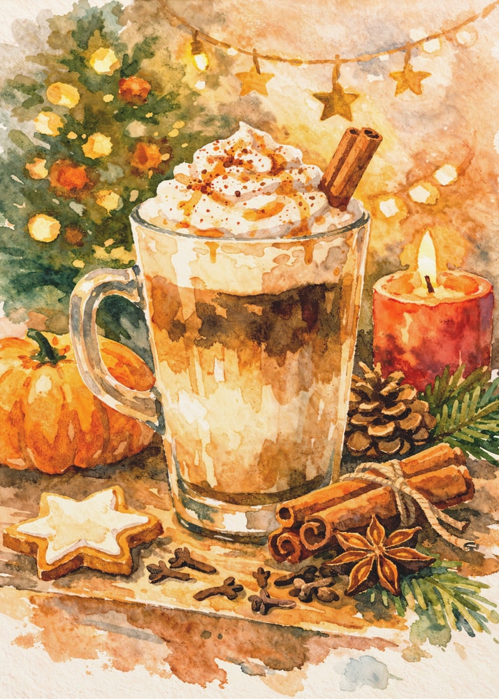 Aquarell eines Latte mit Sahnehaube, Zimtstangen, Sternanis, Lebkuchen und Kerze vor Weihnachtsbaum