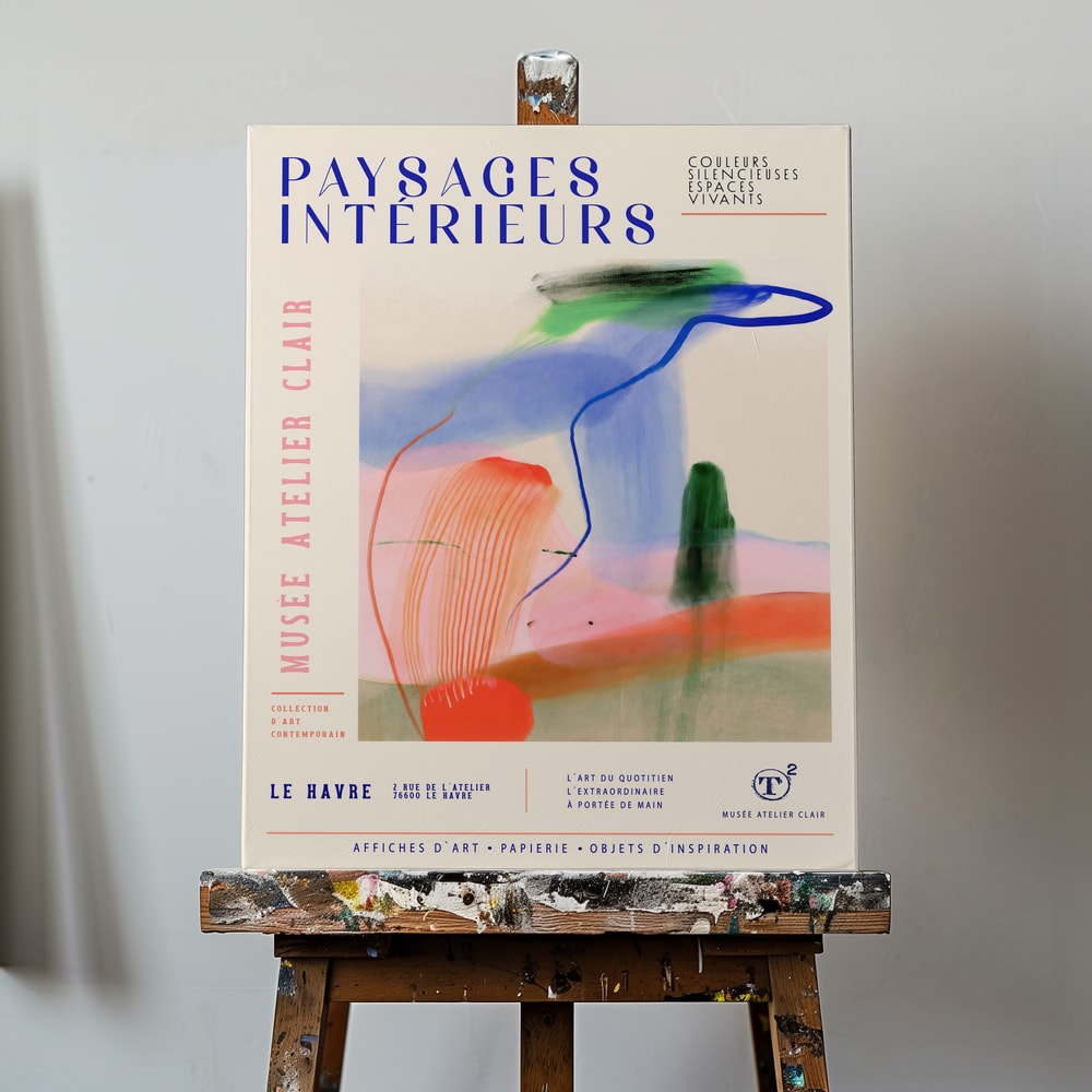 Ausstellungsplakat mit Schriftzug Paysages Intérieurs und bunten Pinselspuren