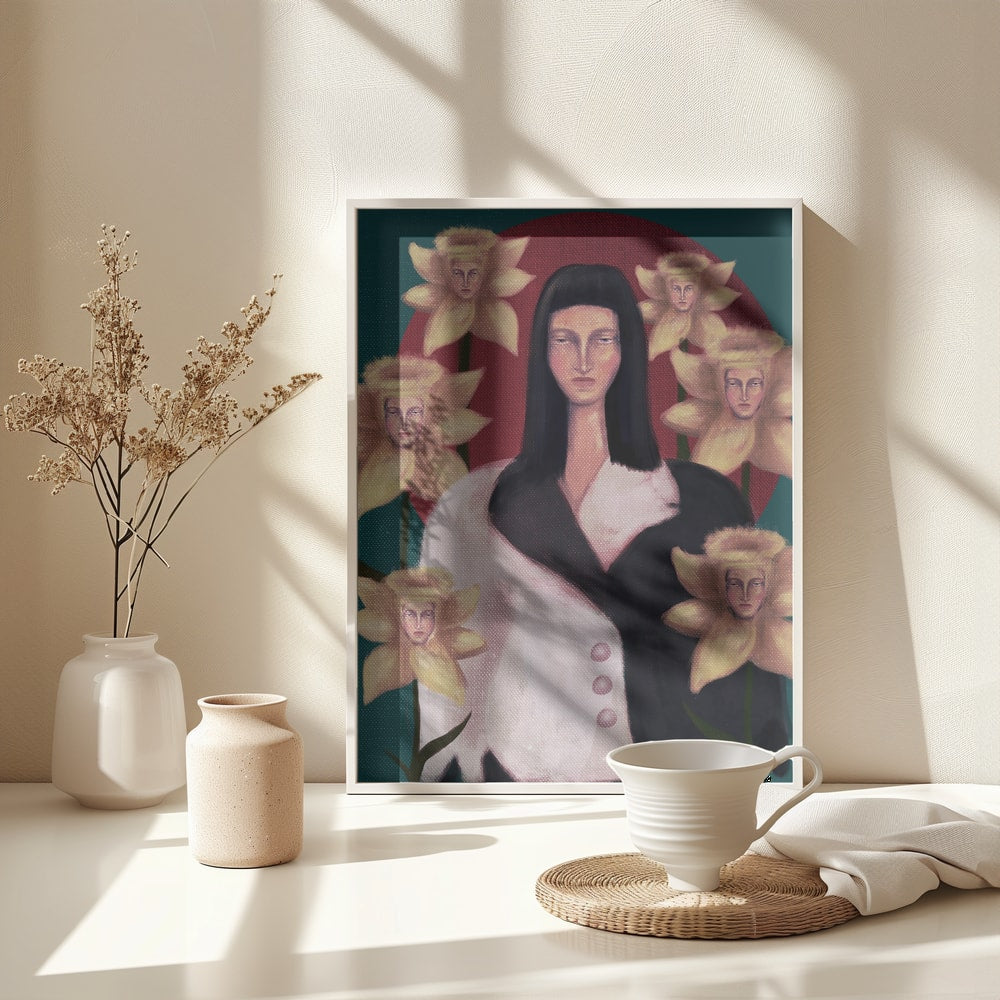 Surreales Gemälde einer Frau mit dunklem Haar zwischen gelben Narzissen mit Gesichtern
