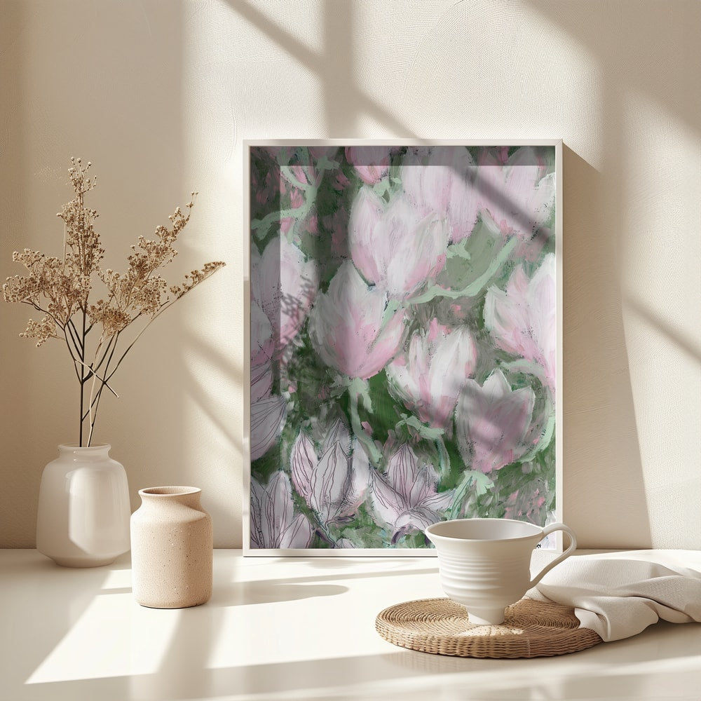 Gemälde blassrosa Magnolienblüten zwischen grünen Blättern
