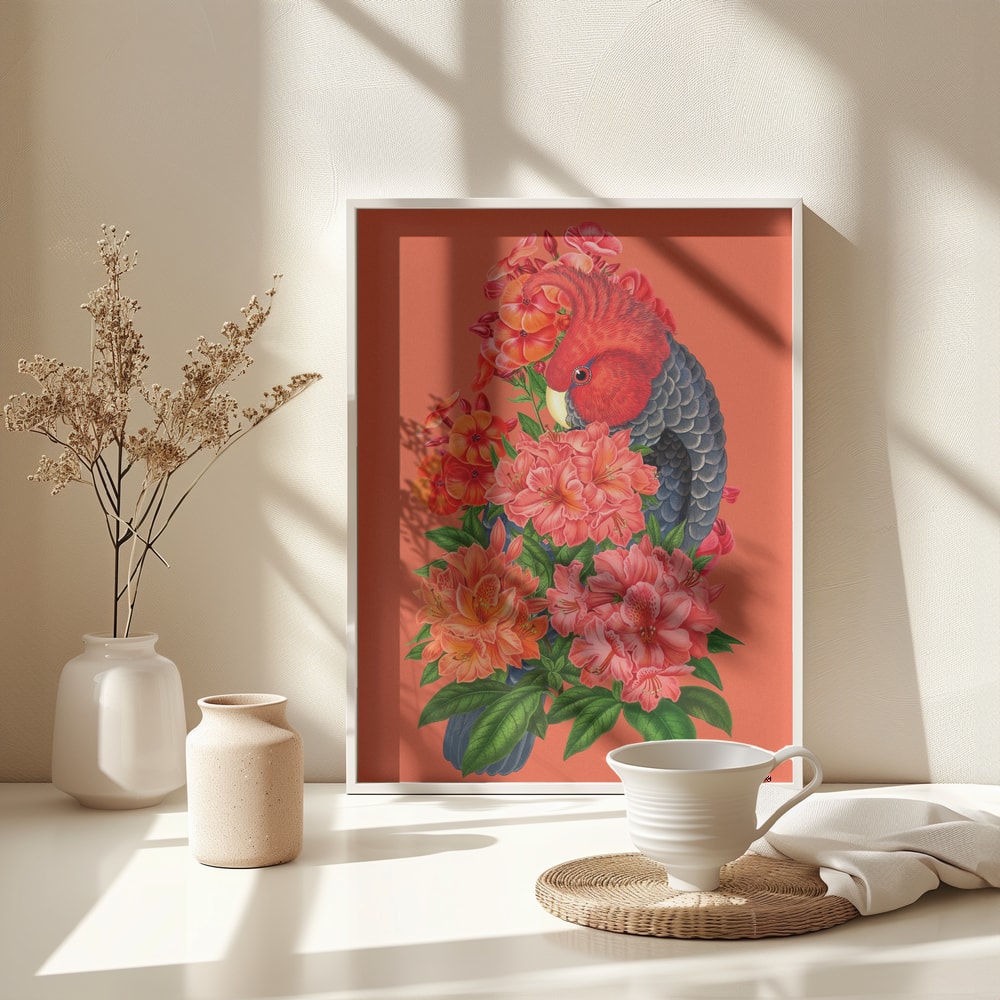 Illustration eines Kakadus mit rotem Kopf zwischen roten und lachsfarbenen Blüten auf orangerotem Hintergrund