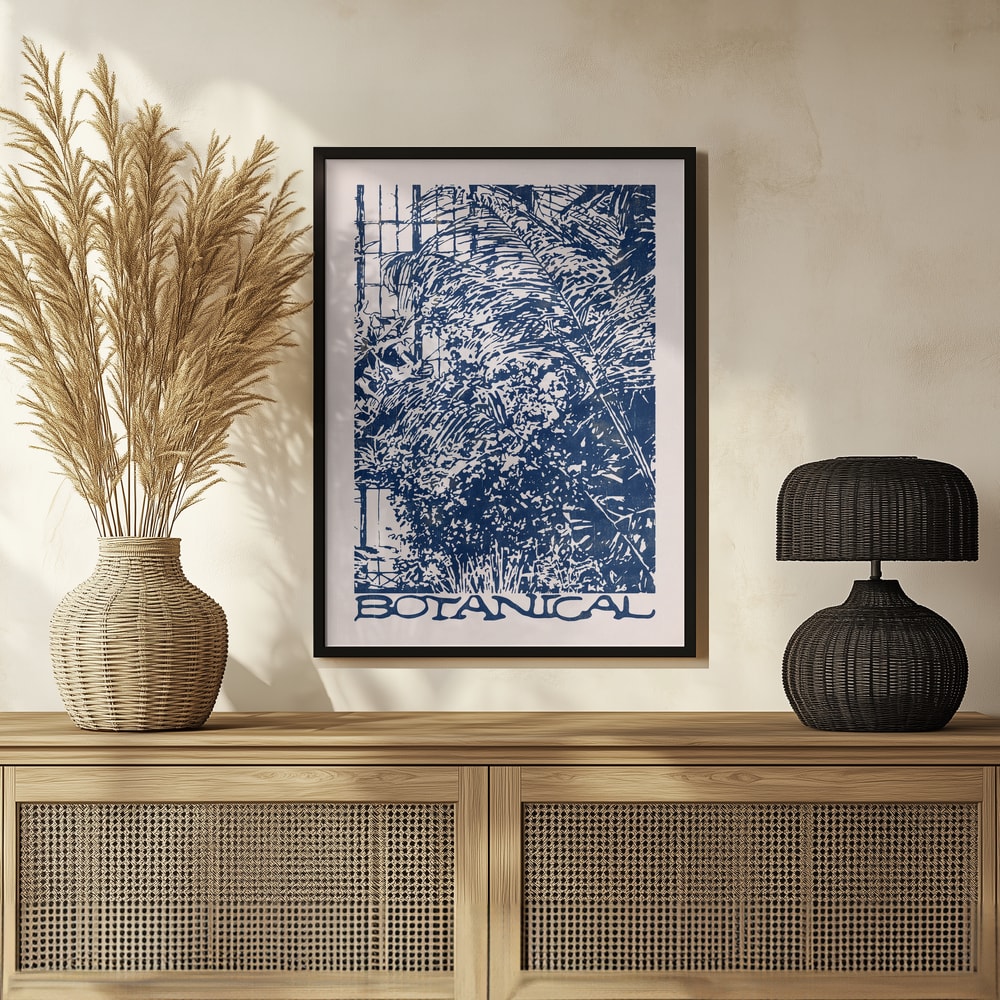 Blaue Illustration von dichten Pflanzen in einem Gewächshaus mit Schriftzug Botanical