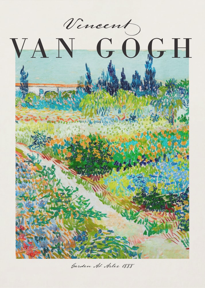 Ausstellungsplakat Vincent van Gogh mit dem Gemälde Garten in Arles, schwarzer Schriftzug oben