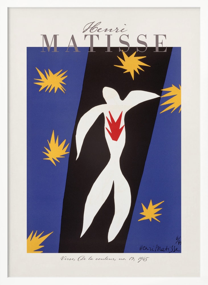 Ausstellungsplakat Henri Matisse mit weißer Ikarus-Figur und gelben Sternen auf Blau, grauer Schriftzug