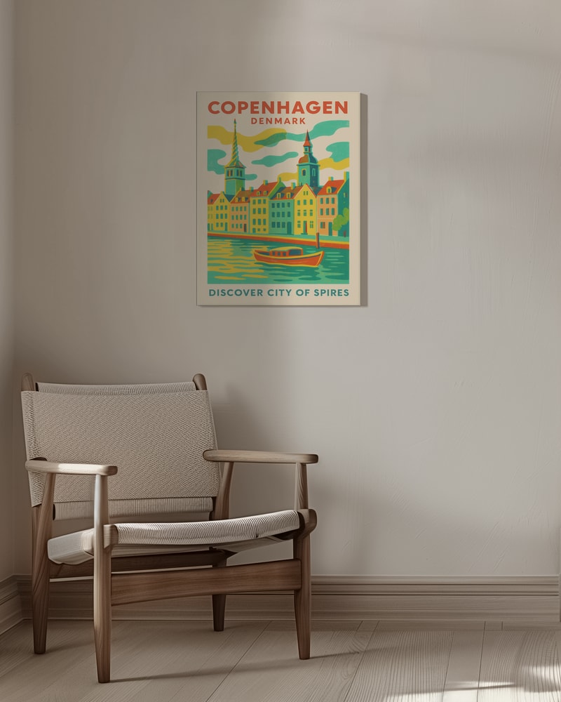 Reiseplakat Kopenhagen mit bunten Häusern, Kirchtürmen und Boot auf dem Kanal
