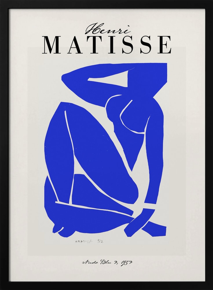 Ausstellungsplakat Henri Matisse mit blauem Scherenschnitt einer sitzenden Figur