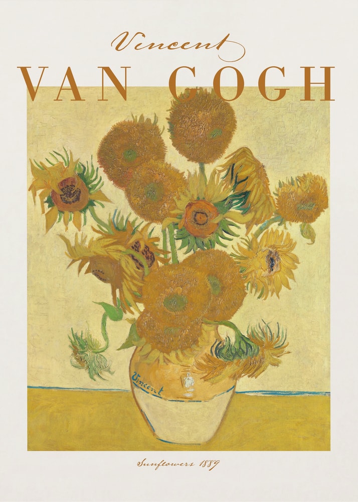 Ausstellungsplakat Vincent van Gogh mit dem Gemälde Sonnenblumen, ockerfarbener Schriftzug oben